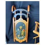 Vintage Wooden Sled, Folding Stool, and Carved Wall Shelf Trio