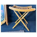 Vintage Wooden Sled, Folding Stool, and Carved Wall Shelf Trio