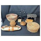 Collection of Vintage Woven Baskets, Decorative Boxes, and Wood Stool