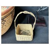 Collection of Vintage Woven Baskets, Decorative Boxes, and Wood Stool