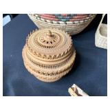 Collection of Vintage Woven Baskets, Decorative Boxes, and Wood Stool