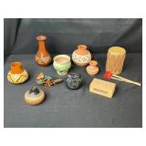 Southwestern Pottery and Folk Art Collection with Decorative Drum and Carved Box