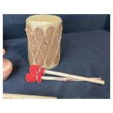 Southwestern Pottery and Folk Art Collection with Decorative Drum and Carved Box