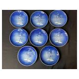 Set of 8 Royal Copenhagen 1974 Collectible Blue Christmas Plates