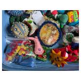 Collection of Handmade Felt and Beaded Christmas Ornaments in Snowman Suitcase