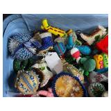 Collection of Handmade Felt and Beaded Christmas Ornaments in Snowman Suitcase