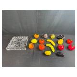 Set of Hand Blown Glass Fruit Figurines with Ornate Crystal Tray