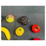 Set of Hand Blown Glass Fruit Figurines with Ornate Crystal Tray