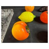 Set of Hand Blown Glass Fruit Figurines with Ornate Crystal Tray
