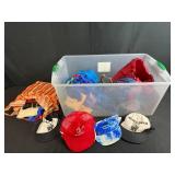 Collection of Tote Bags and Mesh Caps in Storage Bin