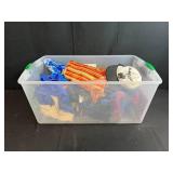 Collection of Tote Bags and Mesh Caps in Storage Bin