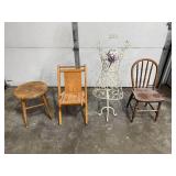 Vintage Furniture and Decor Lot: 3 Chairs and Ornate Metal Dress Form