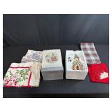 Holiday Decor Collection with Dept 56 Santabear Village Mistletoe Wedding Chapel, Table Linens, and Crochet Doilies