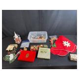 Vintage Christmas Decorations Lot inc Dept 56 with Ornaments, Tree Skirt, and Church Figurine