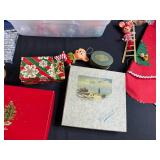 Vintage Christmas Decorations Lot inc Dept 56 with Ornaments, Tree Skirt, and Church Figurine