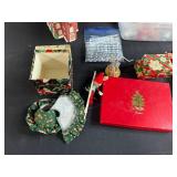 Vintage Christmas Decorations Lot inc Dept 56 with Ornaments, Tree Skirt, and Church Figurine