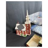 Vintage Christmas Decorations Lot inc Dept 56 with Ornaments, Tree Skirt, and Church Figurine