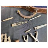 Mixed Lot of Vintage Tools, Lantern, Musical Instrument Case w Bow and Montgomery Ward Riveting Set
