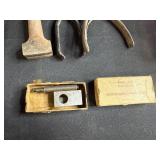 Mixed Lot of Vintage Tools, Lantern, Musical Instrument Case w Bow and Montgomery Ward Riveting Set