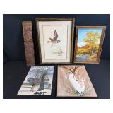 Collection of Artwork Pieces - Framed Paintings, Print, Carving, and Heritage Navy Poster