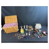 Assorted Collectibles, Bracelets, Plush Toys and Decor in Picnic Basket