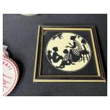 Collection of Vintage Curiosities Including Pottery Canteen, Figurines, Coasters, and Decorative Items