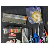 Crafting Lot Including Scissors, Paper Trimmers, Colored Pencils, Rulers, Tape, and More