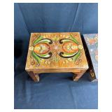 Set of 3 Hand-Painted Scandinavian Folk Style Wooden Stools and Box