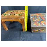 Set of 3 Hand-Painted Scandinavian Folk Style Wooden Stools and Box