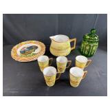 Vintage Hand Painted China Lot with Plates, Pitcher, Mugs, and Green Glass Jar - inc Nippon