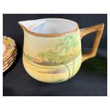 Vintage Hand Painted China Lot with Plates, Pitcher, Mugs, and Green Glass Jar - inc Nippon