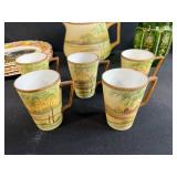 Vintage Hand Painted China Lot with Plates, Pitcher, Mugs, and Green Glass Jar - inc Nippon