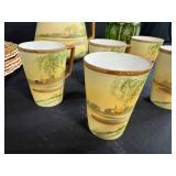 Vintage Hand Painted China Lot with Plates, Pitcher, Mugs, and Green Glass Jar - inc Nippon