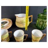 Vintage Hand Painted China Lot with Plates, Pitcher, Mugs, and Green Glass Jar - inc Nippon