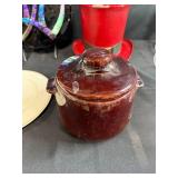 Collection of Decorative Stands, Glass Compotes, Red Top Hat and Crock Pot