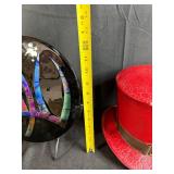 Collection of Decorative Stands, Glass Compotes, Red Top Hat and Crock Pot