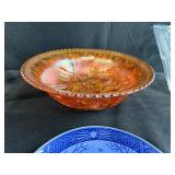 Collection of Orrefors Sweden Crystal, Carnival Glass Bowl, and Blue Commemorative Plates