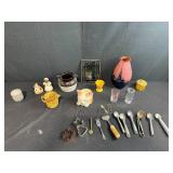 Vintage Pottery and Glassware Collection with Utensils and Decor