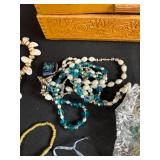 Vintage Jewelry Lot with Shell Purse, Gloves and Decorative Box