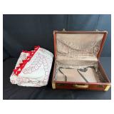 Vintage Brown Suitcase with Red and White Handmade Quilt