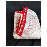Vintage Brown Suitcase with Red and White Handmade Quilt