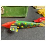 Vintage Fishing Tackle Box with Assorted Wooden Lures and Accessories