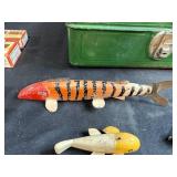 Vintage Fishing Tackle Box with Assorted Wooden Lures and Accessories
