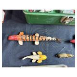 Vintage Fishing Tackle Box with Assorted Wooden Lures and Accessories