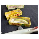 Vintage Fishing Tackle Box with Assorted Wooden Lures and Accessories