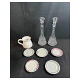 Assorted Vintage Glass Decanters, Ceramic Pitcher, and Syracuse/Sterling China Saucers