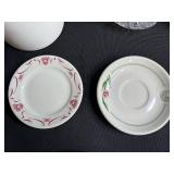 Assorted Vintage Glass Decanters, Ceramic Pitcher, and Syracuse/Sterling China Saucers