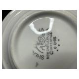 Assorted Vintage Glass Decanters, Ceramic Pitcher, and Syracuse/Sterling China Saucers