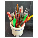 Vintage Utensil and Kitchen Tool Collection in Stoneware, Glass, and Tin Holders