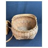 Collection of 4 Woven Baskets with Straps and Painted Lid Detail